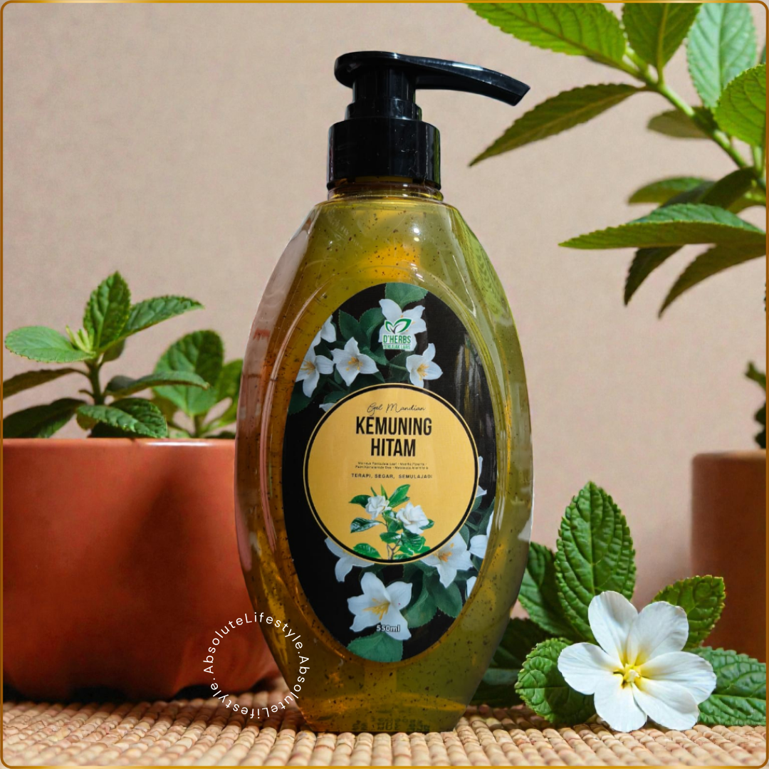 Kemuning Hitam Shower Gel with mint leaves, white orange jasmine flowers, and gelam flowers for refreshing herbal cleansing