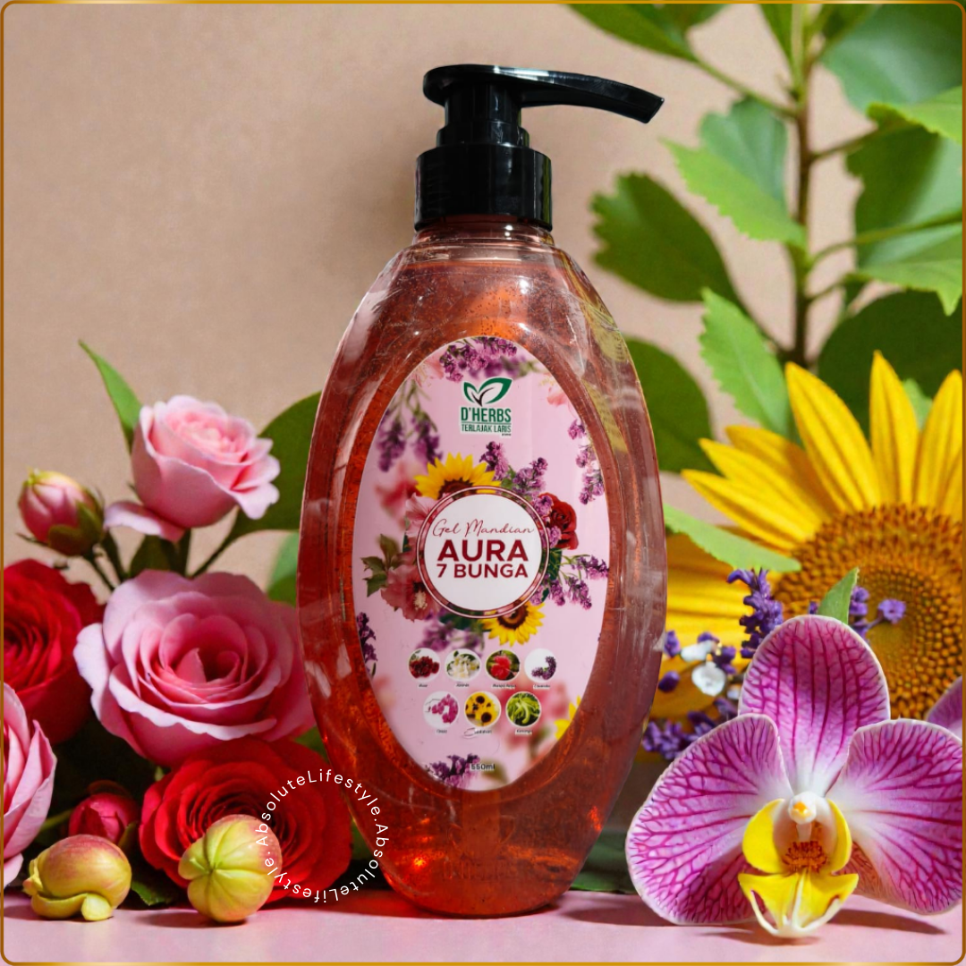 7 Bunga Shower Gel with rose, hibiscus, orchid, sunflower, kenanga, jasmine, and lavender for floral cleansing and skin hydration