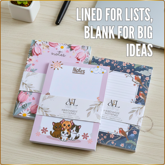 Collection of handmade notepads in floral designs including pink flowers, birds, and kittens with text 'Lined for lists, blank for big ideas
