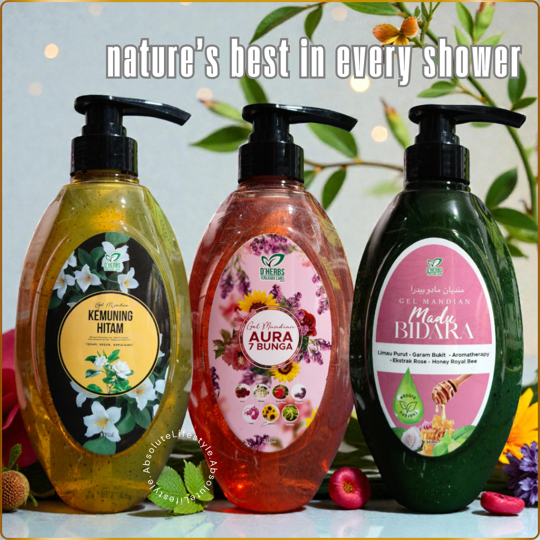 Three herbal and floral shower gels together: Madu Bidara with honey and rose petals, Kemuning Hitam with mint and white orange jasmine, and 7 Bunga with seven natural flowers for gentle cleansing and skin nourishment
