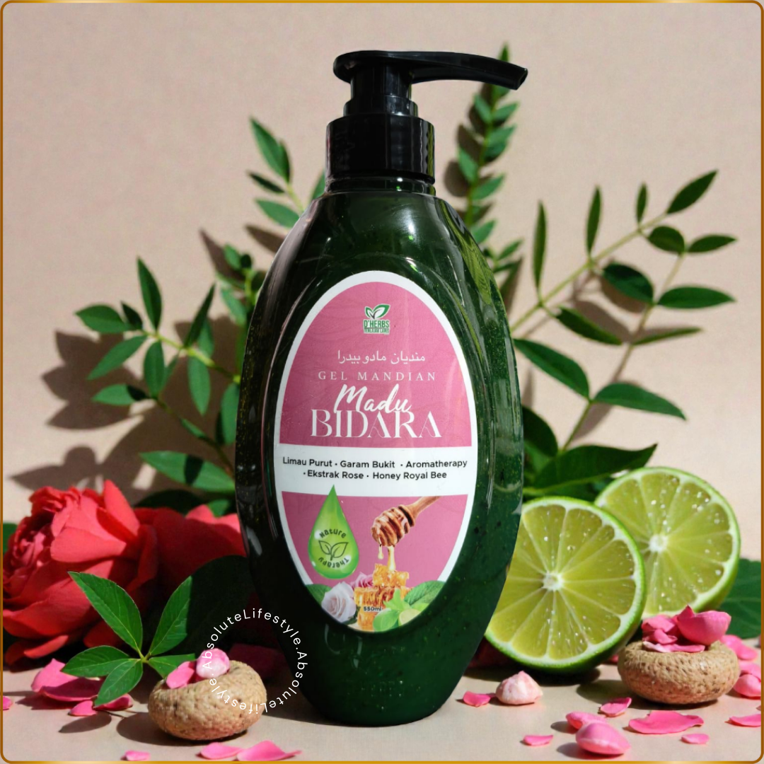 Madu Bidara Shower Gel with daun bidara, limau purut, honey, rose petals, and Garam Bukit for gentle cleansing and soft skin