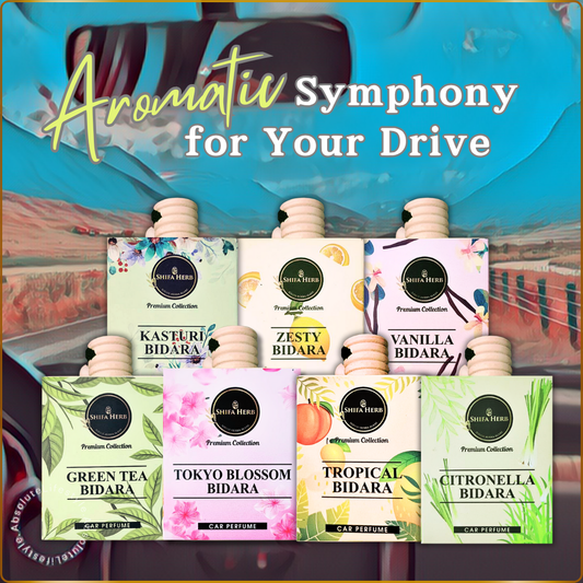 Bidara car perfume collection featuring seven premium aromatherapy scents designed to refresh the car interior and create a calming driving environment