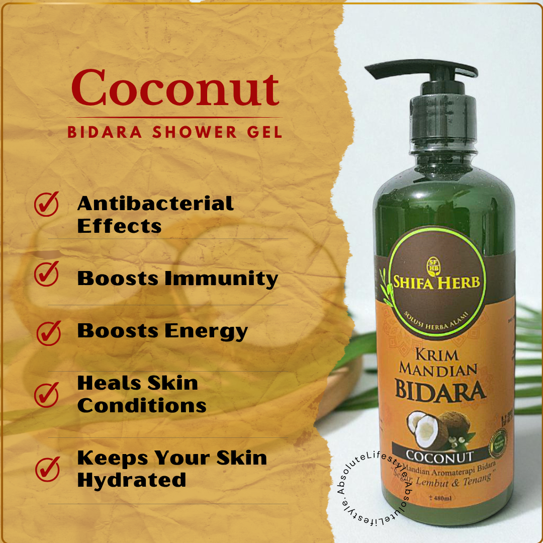 Shifa Herb Bidara Bath Cream Coconut 480ml – Halal moisturizing body wash with nourishing and hydrating benefits