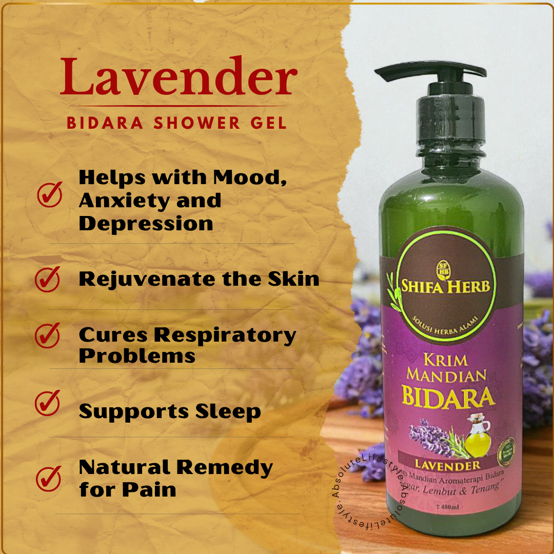 Shifa Herb Bidara Bath Cream Lavender 480ml – Halal herbal moisturizing body wash for soothing and hydrated skin