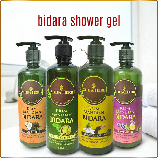 Shifa Herb Bidara Bath Cream 4 Variants 480ml – Halal natural herbal body wash collection including Lavender, Habbatus Sauda, Coconut, and Leaf & Herb for hydrated and healthy skin